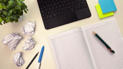 A workspace with a laptop, colorful sticky notes, a planner, and stationery. Themes include creativity, content, and learning.