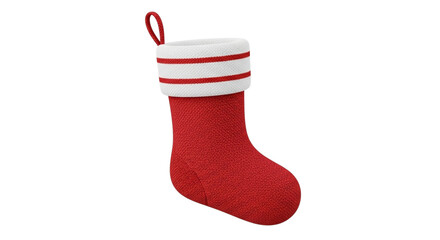 A single red knitted christmas stocking with white trim and red stripes, isolated on transparent background, ready for holiday decoration or gift filling