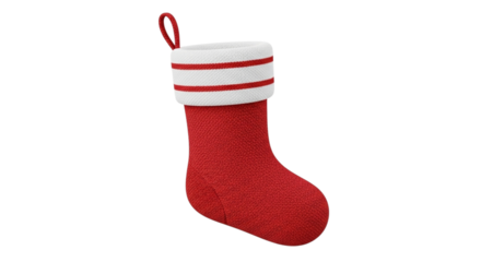 A single red knitted christmas stocking with white trim and red stripes, isolated on transparent background, ready for holiday decoration or gift filling