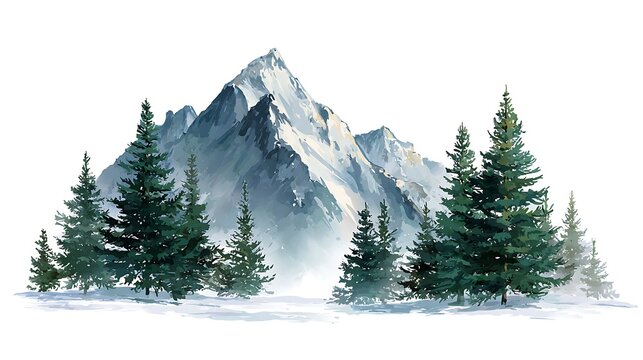 Watercolor painting of snow capped mountains with evergreen trees in the foreground on a white background