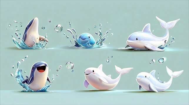 A collection of adorable, stylized dolphins are depicted in various playful poses, leaping and splashing in clear blue water.