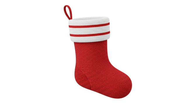 A single red knitted christmas stocking with white trim and red stripes, isolated on transparent background, ready for holiday decoration or gift filling
