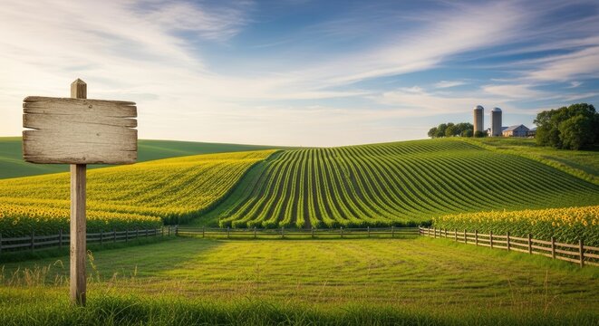 A wooden sign stands in a vast, green, sunflower-filled field with a silo in the background, under a clear blue sky with scattered clouds. - Powered by Adobe