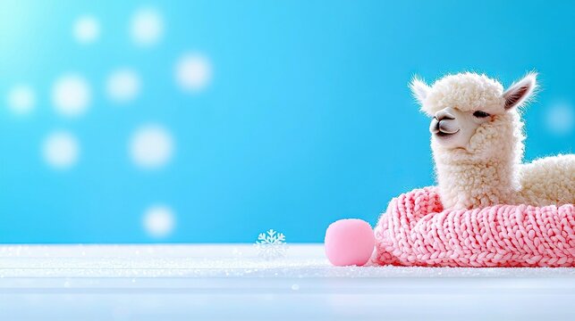 A fluffy white alpaca is nestled in a pink knitted scarf, with a pink ball and snowflakes on a snowy surface against a bright blue, bokeh-filled background.