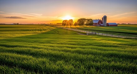 A serene rural landscape with a red barn and silo, green fields, and a golden sunset sky.