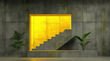 Modern Concrete Interior with Yellow Accents and Green Plants