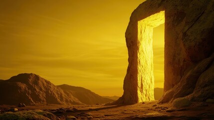 Mystical Stone Archway Illuminated by Golden Light at Dusk