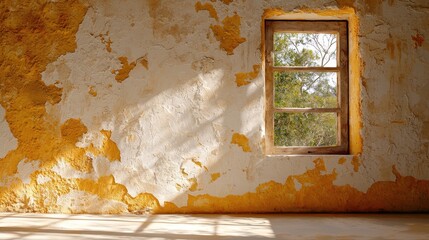 Sunlit Window in an Abandoned Room with Textured Yellow Wall