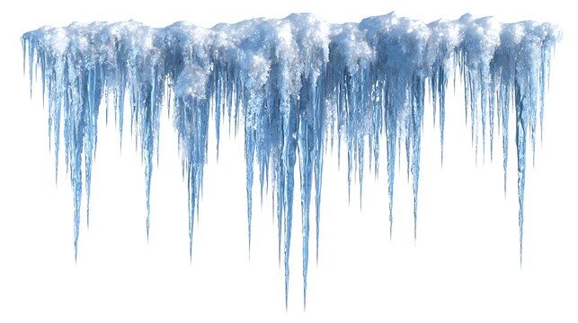 A detailed view of long sharp icicles hanging down from a snowy ledge against a white background