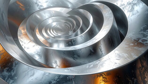 A metallic, spiraling structure with reflective surfaces creates a futuristic, tunnel-like illusion. Light plays on the curved forms