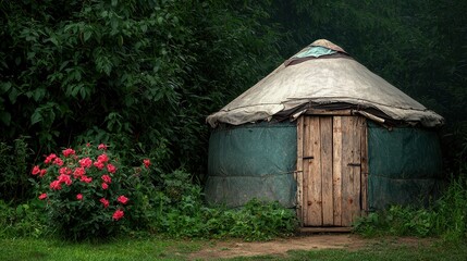 Rustic Yurt Surrounded by Lush Greenery and Colorful Flowers
