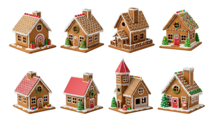Collection of eight detailed gingerbread houses decorated with white icing, candy, and small green trees, isolated on transparent background