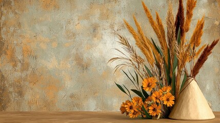 Elegant Floral Arrangement with Warm Tones and Natural Textures