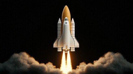 Rocket Launch with Flames and Smoke in Dark Background Setting