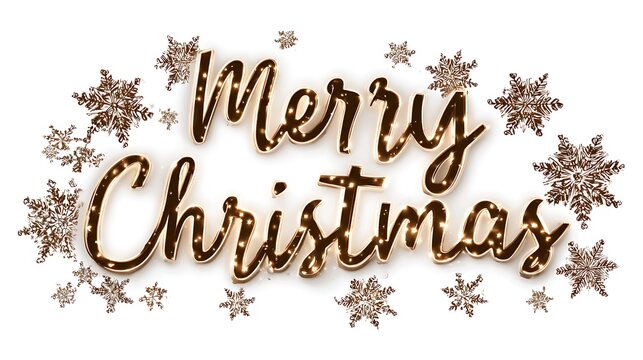 Merry christmas text with golden snowflakes on a white background for holiday celebration - Powered by Adobe