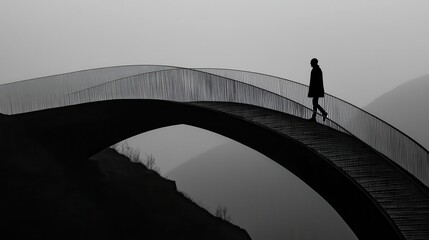 Solitary Figure Walking on Modern Bridge in Misty Landscape