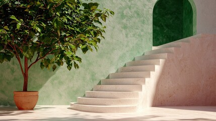 Elegant Curved Stairs with Potted Tree in Serene Green Space