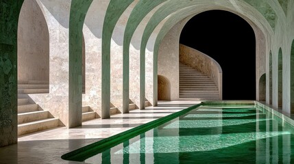 Serene Architectural Pool with Elegant Arches and Soft Lighting