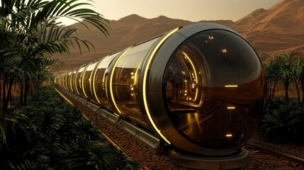 Futuristic Transport Tube Gliding Through Desert Landscape at Dusk