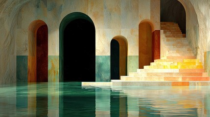 Abstract Architectural Space with Colorful Arches and Water Reflection