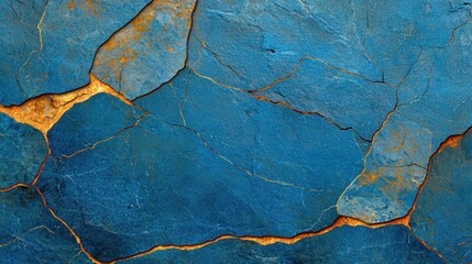 Blue and Gold Abstract Cracked Surface with Textured Details