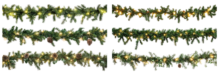 Collection of Christmas garland with lights and pine cones.
