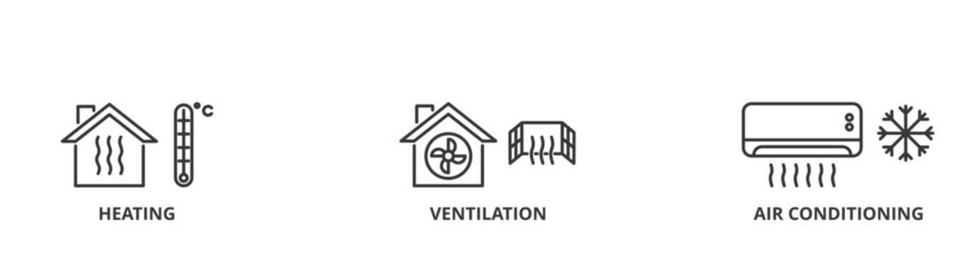 HVAC banner concept illustration of heating ventilation air conditioning system with icon of house, heater, thermometer, air flow temperature and air conditioner. 