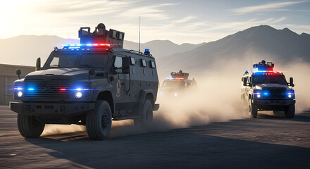 Fototapeta premium Armored police vehicles respond with flashing lights in dusty terrain