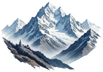 Majestic snowcapped mountains, isolated on white background