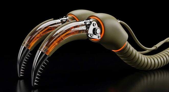 Futuristic claw like surgical instrument with glowing orange veins on a black background