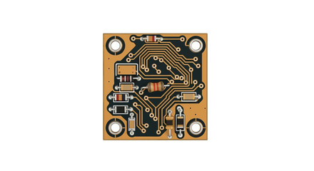 A close-up view of a small square printed circuit board with visible copper traces and various electronic components.
