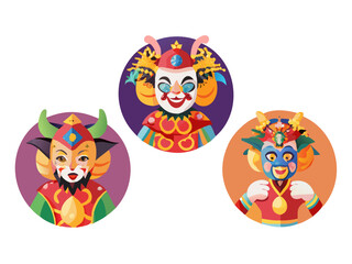 Naklejka premium Three round aerial views showcase detailed jester illustrations. Each jester dons a vibrant, ornate costume and mask, exhibiting unique expressions. Hong Kong inspired artistry is evident in the.