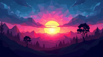 Geometric mountain sunset with vibrant sky mountains