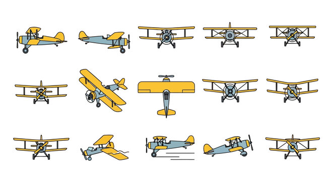 A collection of vintage biplane illustrations from various angles, showcasing different views of the classic aircraft.