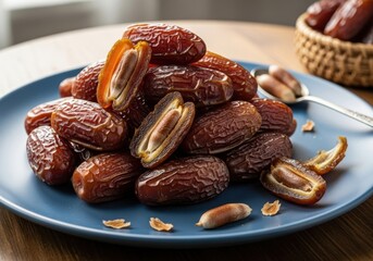 Obraz premium Delicious dates assortment piled upon a blue ceramic plate ready to be consumed offering a natural
