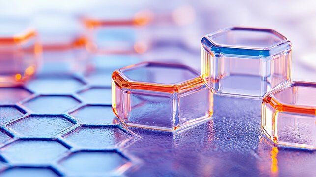 Close-up view of translucent, hexagonal structures with orange and blue accents, arranged on a textured, hexagonal surface.