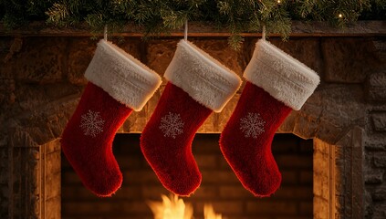 Three plush red Christmas stockings with white fuzzy trim hanging above a rustic stone fireplace, warm firelight glow, festive garland with twinkling lights, cozy holiday atmosphere. Generative AI Ill