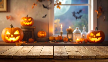 Obraz premium Halloween Night - Pumpkins, Candles, and Bats in a Spooky Scene.