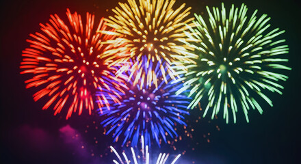 Naklejka premium Soft Blurred Colourful Fireworks in Night Sky – Vibrant Festive Celebration Background