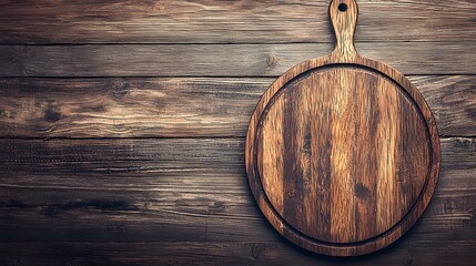 Round wooden cutting board on dark rustic kitchen table background, cooking and food preparation concept for culinary design, restaurant, or rustic cuisine