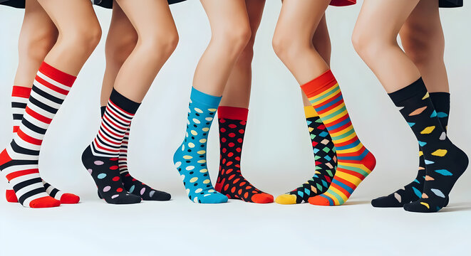 Colourful Odd Socks Worn by Girls – Multicoloured Patterned Footwear Promoting Individuality and Anti-Bullying Awareness - Powered by Adobe