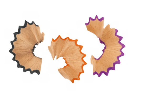 Colorful pencil shavings from wood pencils with different colored tips, isolated on a transparent background