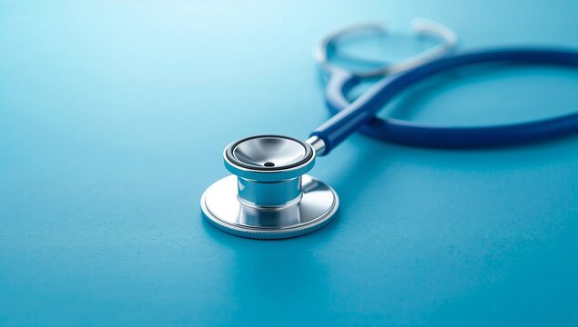 Sleek silver and blue stethoscope displayed on a calm blue surface, emphasizing themes of modern healthcare, wellness, medical technology, and clinical expertise. Generative AI Illustration