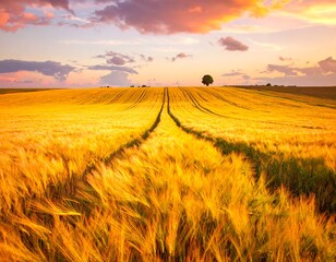 Golden wheat field at sunset, with a path leading to a solitary tree