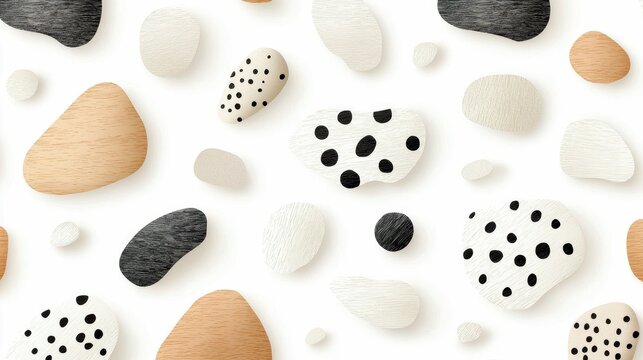 A collection of abstract, organic shapes in various textures and patterns, including wood grain and polka dots, are scattered across a white background.