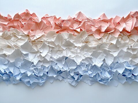 A textured abstract wall art made of folded paper in a gradient of pink, white, and blue.