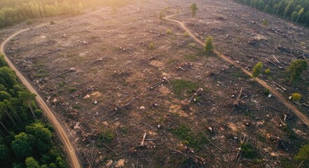 Aerial View of Deforested Land with Logging Debris