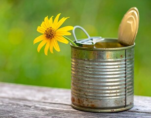 A rusty, open food can holds a vibrant yellow wildflower, contrasting against a blurred green backdrop. It rests on weathered wood