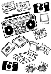 Nostalgic 80s and 90s Pop Culture Items Doodle Pattern: Boombox, Cassette Tapes, Vintage Camera, and Portable Game Console Sketch. © creatfive