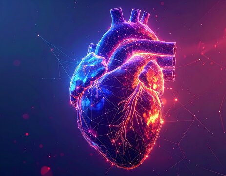 Digital rendering of a human heart, geometric and colorful